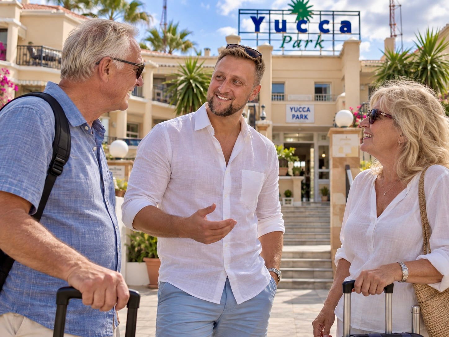 Richard with members of the Away From Rain team on a sunny terrace in Costa Adeje, with palm trees and the sea behind them